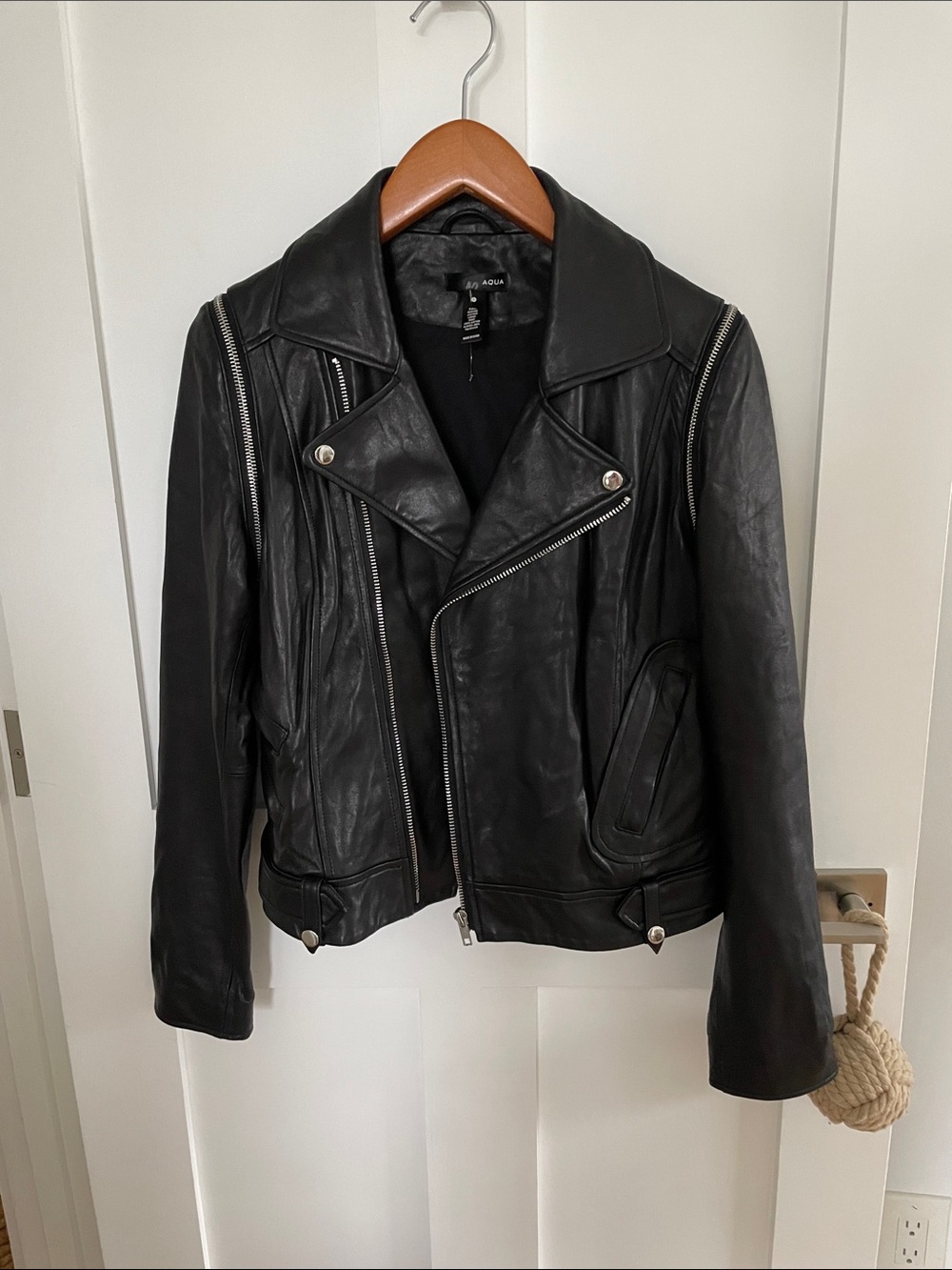 Aqua Black Leather Bomber-Style Moto Jacket